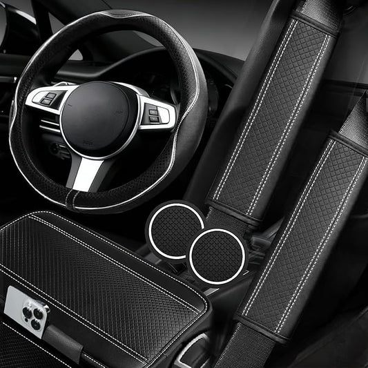 NBTEPEM 6 PCS Car Steering Wheel Cover Set, Microfiber Leather Steering Wheel Covers Universal 14.5-15 inch, Center Console Cover, Seat Belt Cushion, Cup Holder Coaster, Car Accessories Set White