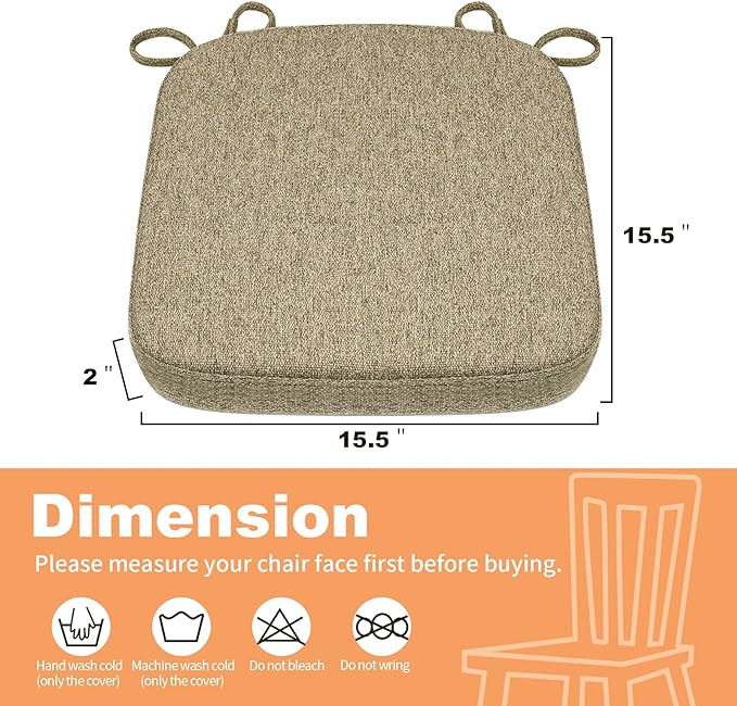 SINOSSO Memory Foam Chair Cushions for Folding Chairs 6 Pack, Thickened 2" Square Pads with Ties for Kitchen Chairs, Indoor Non-Slip Dining Chair Seat Cushions (Set of 6, Linen)