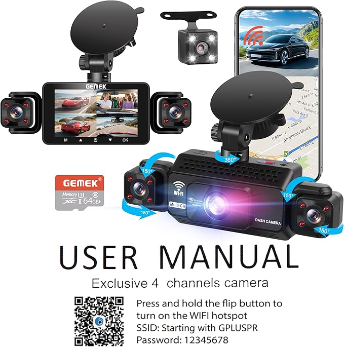 4 Channel Dash Cam 360° View 5G WiFi & APP Control, GEMEK 2K Front and Rear Inside, Left Right Dash Camera for Cars Free 64GB TF Card, G-Sensor, Night Vision, 24H Parking Mode