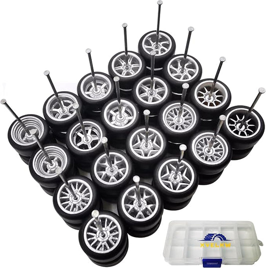 1/64 Wheels and Tires Set, 10-Pack 1 64 Scale Wheels with 10 for 1/64 Diecast Cars Upgraded and Modified Rubber Tires(Diameter 0.43in/11mm) (Silver)