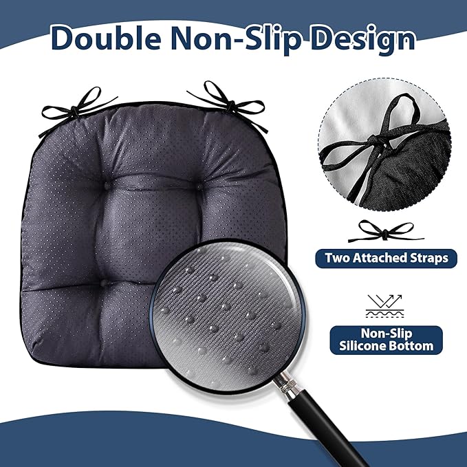IASEAHK Chair Cushions for Dining Chairs, Seat Cushions for Kitchen Chairs, Indoor Seat Cushions with Ties, Tufted Foam Chair Pads, Non Slip Chair Cushions Set of 4, 15.5" x 15.5" x 4", Black