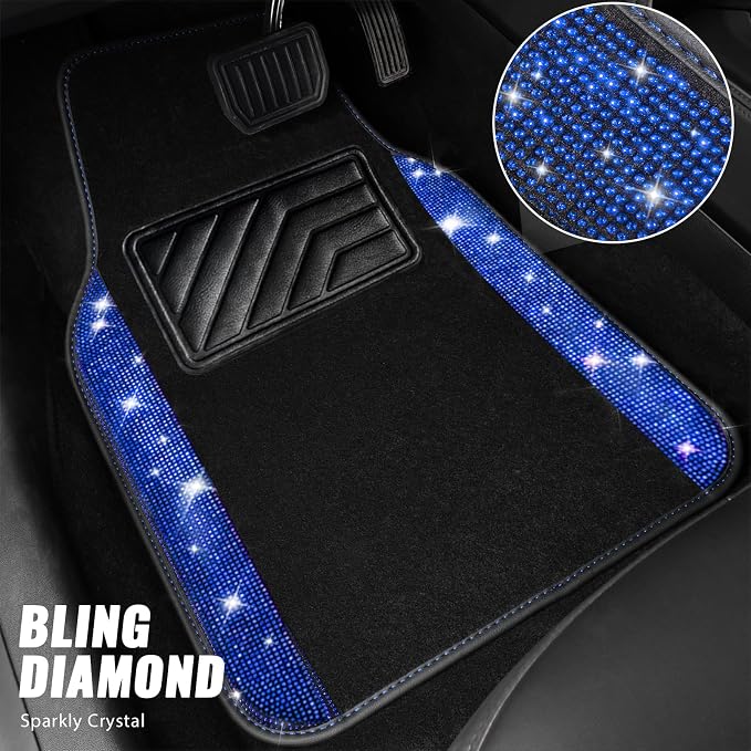 CAR PASS Bling Diamond Leather Steering Wheel Cover 14.5in-15in Floor Mats Shining Rhinestone Carpet Sparkly Glitter Crystal Anti-Slip Pad Fit Automotive SUV Pickup Truck Girl Women, 5pcs Black Blue