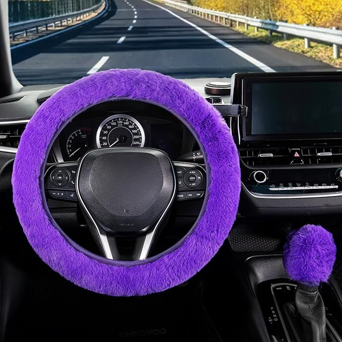 SEG Direct Furry Car Steering Wheel Cover with Fluffy Gear Shift Cover Soft Warm Non-Slip Car Decoration for Women Girls 2 PCS Set, Purple