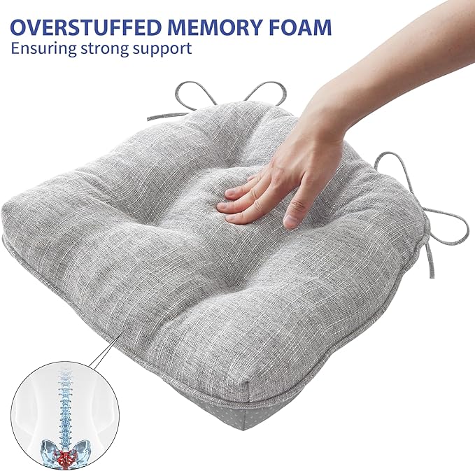 IPYNBAP Chair Cushions for Dining Chairs Set of 4, Kitchen Chair Cushions, Chair Pads with Ties and Non Slip Backing, Tufted Memory Foam Seat Cushion 4 Pack, 15.5" x 15.5" x 4", Light Gray