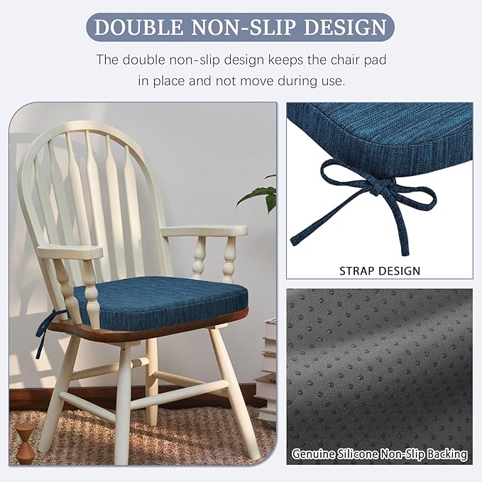 baibu Kitchen Chair Cushions, Dual-Layer Patented Design Molded Memory Foam Dining Chair Pads with Ties and Washable Cover, 17" x 16" x 2", Blue