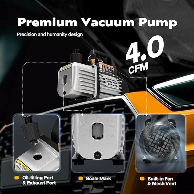 VIVOHOME 110V 1/3 HP 4CFM Single Stage Rotary Vane Air Vacuum Pump and AC Manifold Gauge Set Kit with Leak Detector for R134a R12 R22 R502 R410a HVAC Air Conditioning Refrigeration Recharging, Black