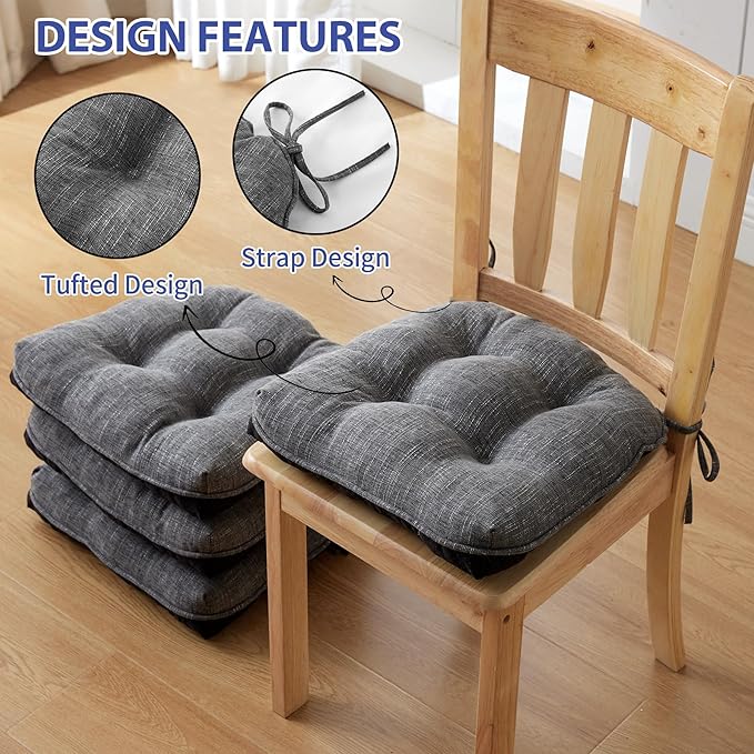IPYNBAP Chair Cushions for Dining Chairs Set of 4, Kitchen Chair Cushions, Chair Pads with Ties and Non Slip Backing, Tufted Memory Foam Seat Cushion 4 Pack, 18" x 18" x 4", Dark Gray