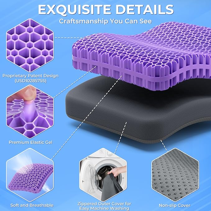 TushGuard Gel Seat Cushion for Long Sitting, Enlarged & Thickened Patent Design Office Chair Seat Cushion, Breathable Cooling Pads for Chairs, Soft Car Cushions for Wheelchair(1.6in, Grey)