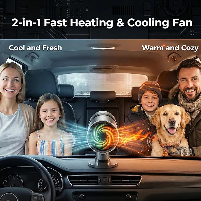 Portable Car Heater, 12V Car Heater for Vehicle, Plugs into Cigarette Lighter, Windshield Defroster&Defogger, 2-in-1 Fast Heating & Cooling Fan, Suction Holder, 2026 Upgraded Air Purified&Fuse Safety