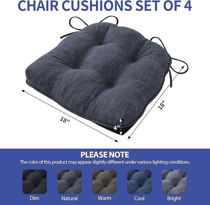 IPYNBAP Chair Cushions for Dining Chairs Set of 4, Kitchen Chair Cushions, Chair Pads with Ties and Non Slip Backing, Tufted Memory Foam Seat Cushion 4 Pack, 18" x 18" x 4", Navy Blue