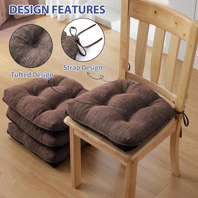 IPYNBAP Chair Cushions for Dining Chairs Set of 4, Kitchen Chair Cushions, Chair Pads with Ties and Non Slip Backing, Tufted Memory Foam Seat Cushion 4 Pack, 18" x 18" x 4", Brown