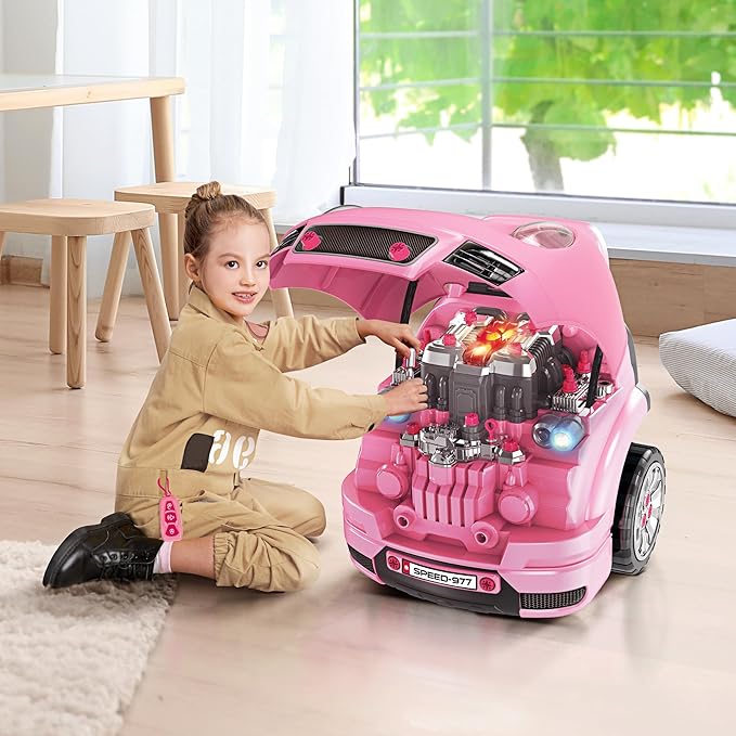 Qaba Truck Engine Toy, Kids Mechanic Set with Lights, Sounds, Steering Wheel and Horn, Pretend Car Service Station Play with 61-Piece Included for Kids Aged 3+, Pink