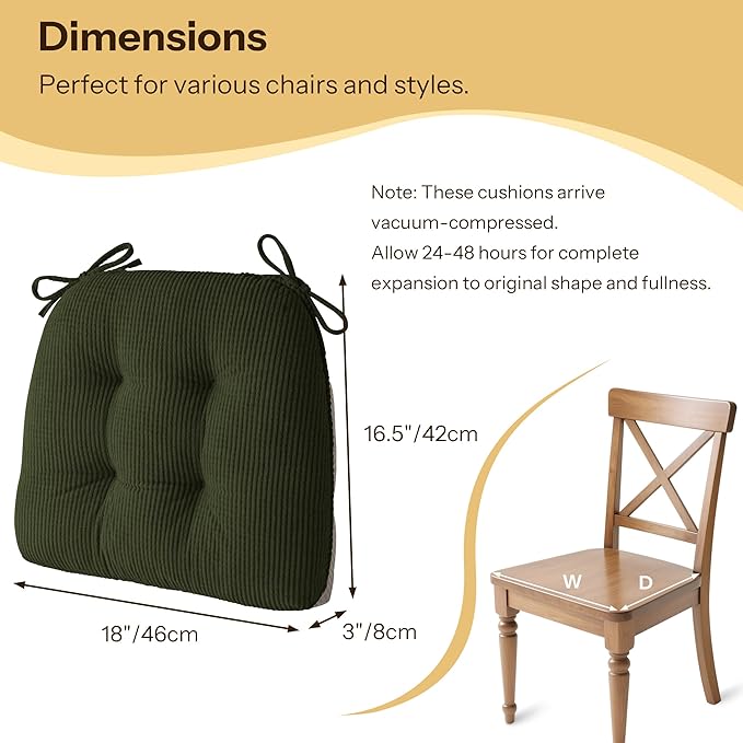 Indoor Kitchen Chair Cushions Set of 4 18"X16.5"X3" Soft Anti Slip Dining Chair Pads Tufted Kitchen Seat Cushion with Ties, Dark Green