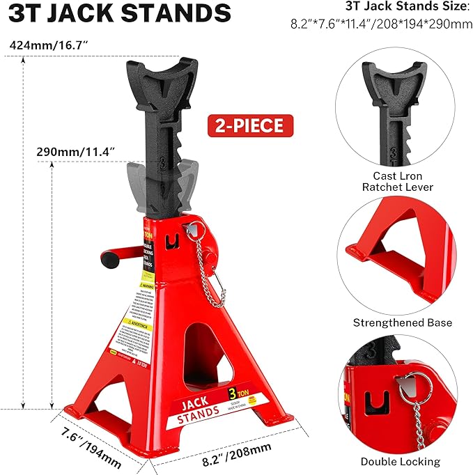 5 Piece Car Truck Floor Jack Service, Hydraulic Trolley Floor Jack & Jack Stands & Tire Repair Kit & L-Wrench for Garage, Repair Shop, DIY, Lift Range 3.3"-15.2", 2 Ton/4000 LBS Capacity, Red