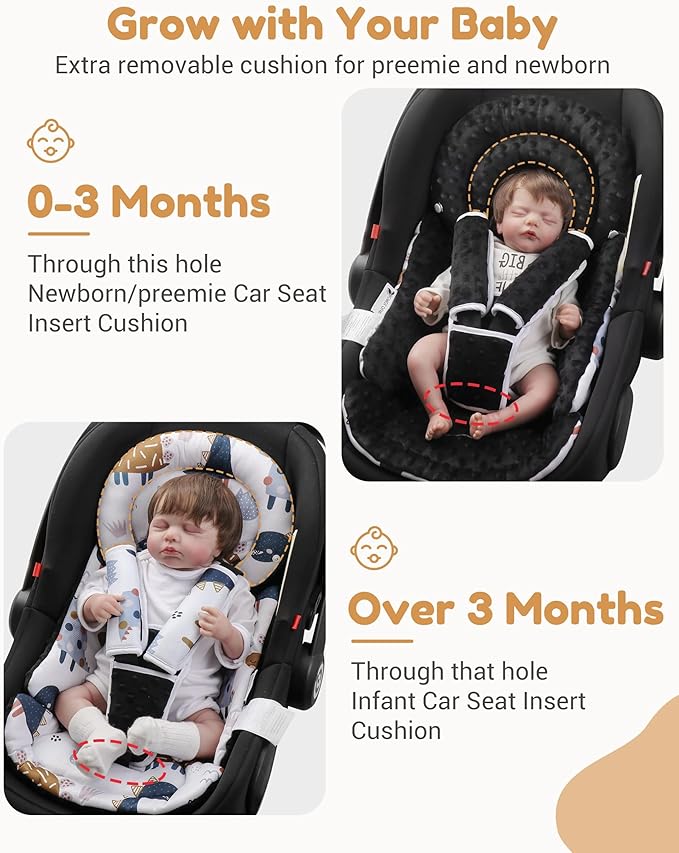 BOMOLOUR Infant Car Seat Insert with Removable Cushion for Baby Preemie Newborn Infant, Reversible carseat Insert Head Body Support Fits for Stroller, Baby Swing, Rocker, Bouncer, Bassinet - Black