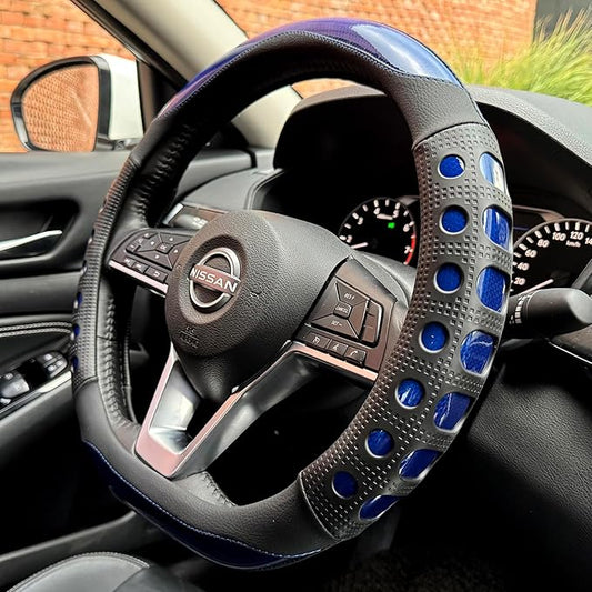 PINCTROT D Shaped Race Grip Steering Wheel Cover, Anti Slip Silicone Perforated Design with Soft Touch Padding, Enhanced Grip for Sporty Driving Flat Bottom 14.5-15 Inch (Racing Blue)