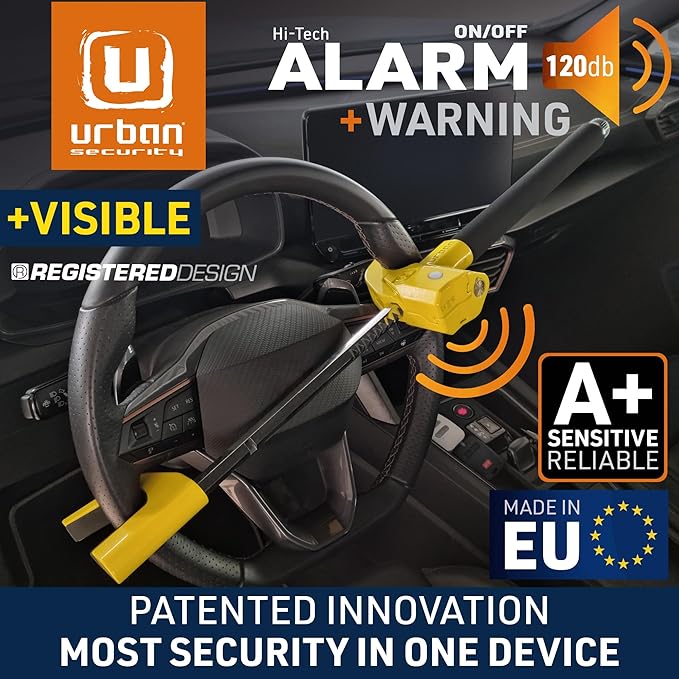 URBAN UR978Y Double Security Steering Wheel Lock with Hi-Tech Alarm, 120dB+LED, Smart Warning, A+ Sensitivity | Proven Theft Attempt Deterrence | Patented Anti-Theft Car Device Universal SUV Van Truck