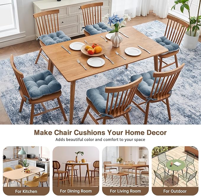 BETU Chair Cushions for Dining Chairs Set of 6,3.5" Thick Kitchen Table Chair Pads with Ties,Non Slip Backing and Covers, Seat Cushion for Dining Room,Bar,Patio Chairs,15.5"X15.5"X3.5",Smoky Blue