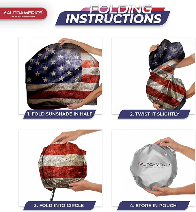 Autoamerics Truck Windshield Sun Shade with Storage Pouch & Anti-Slip Dash Pad - Foldable Grunge USA Flag-2 Design Cover - Fits Most SUVs & Trucks -Reflective 230T Material | X-Large (66 x 36 inches)