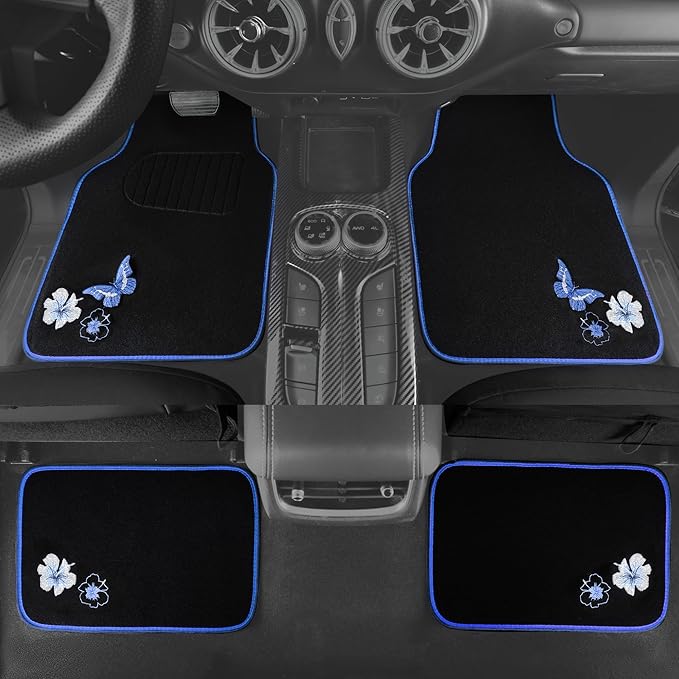 CAR PASS Universal Fit Embroidery Butterfly and Flower Car Floor Mats, Blue Car Floor Mats Fit 95% Automotive,SUVS,Sedan,Vans,for Women,Girly,Set of 4 (Black with Blue)