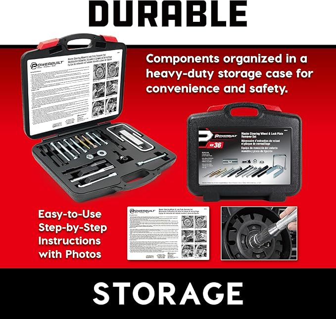 Powerbuilt Master Steering Wheel and Lock Plate Puller Kit, Foreign and Domestic Vehicles, 16 Piece Car Repair Tool Set - 648748