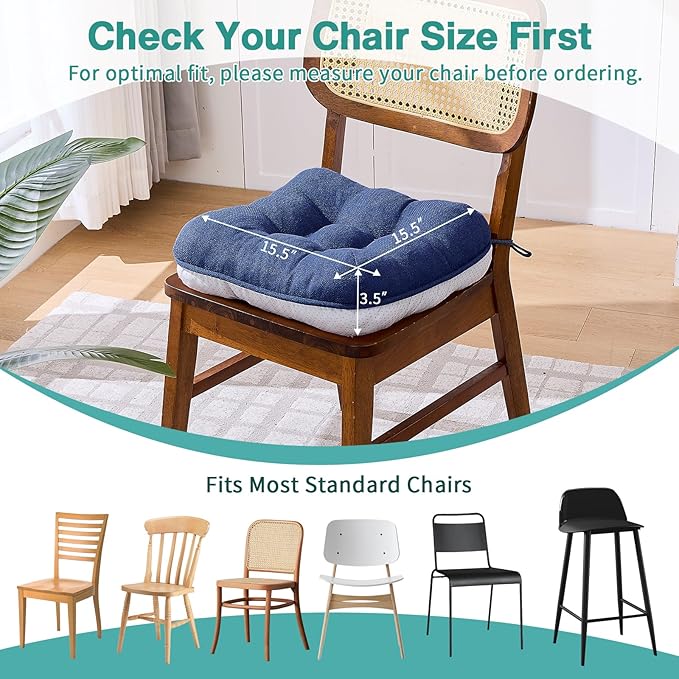 BETU Chair Cushions for Dining Chairs Set of 6,3.5" Thick Outdoor Indoor Chair Pads with Ties,Non Slip Backing and Covers, Seat Cushion for Kitchen Dining,Bar,Patio Furniture15.5"X15.5"X3.5",Navy Blue