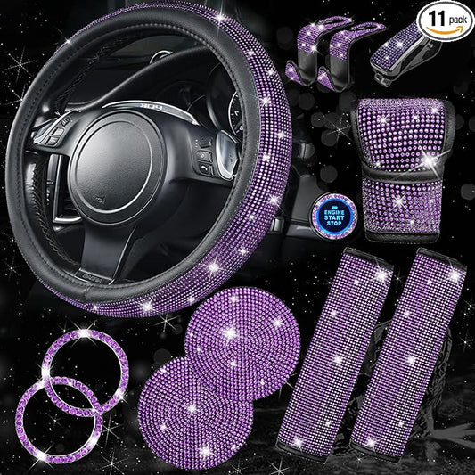 CAR PASS 11PCS Bling Purple Car Steering Wheel Cover Set for Women, Sparkly Rhinestone Diamond Bling Seat Belt Cushion, Glitter Shift Knob Cover, Car Cup Holder Coaster, Interior Sets Violet 14.5"-15"