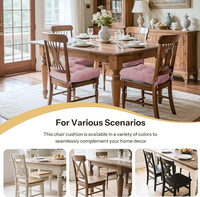 Indoor Kitchen Chair Cushions Set of 4 18"X16.5"X3" Soft Anti Slip Dining Chair Pads Tufted Kitchen Seat Cushion with Ties, Light Pink