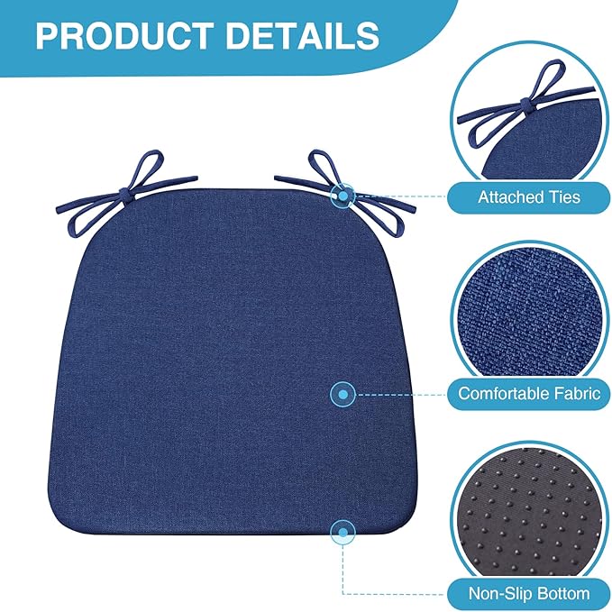 IASEAHK Chair Cushions for Dining Chairs Set of 4, Non Slip Kitchen Chair Pads, 17" x 16" x 2", Indoor Dining Chair Cushions with Ties, D-Shaped Seat Cushions for Kitchen Chairs, Navy Blue