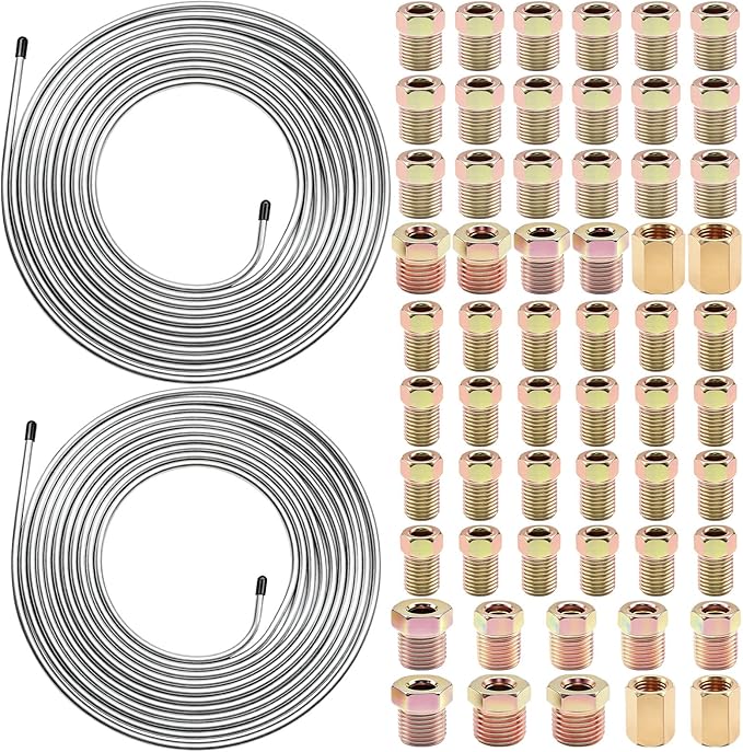 60Pcs 2 Sets 3/16 Inch & 1/4 Inch 25 FT Brake Line Tubing Kit with 58 Pcs Brake Line Fittings, Zinc Coated Alloy Steel Brake Lines Kit Replacement for Hydraulic Fuel Transmission Line