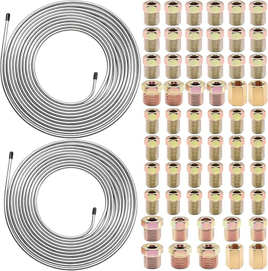60Pcs 2 Sets 3/16 Inch & 1/4 Inch 25 FT Brake Line Tubing Kit with 58 Pcs Brake Line Fittings, Zinc Coated Alloy Steel Brake Lines Kit Replacement for Hydraulic Fuel Transmission Line