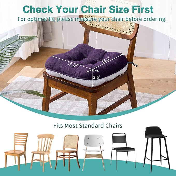 BETU Chair Cushions for Dining Chairs Set of 4,3.5" Thick Kitchen Table Chair Pads with Ties,Non Slip Backing and Covers, Seat Cushion for Dining Room,Bar,Patio Chairs,15.5"X15.5"X3.5",Dark Purple
