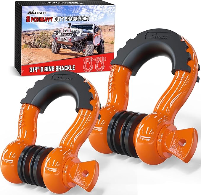 Nilight 2 Pack 3/4" D-Ring Shackle 4.75 Ton (9500 Lbs) Capacity with 7/8" Pin Heavy Duty Off Road Recovery with Isolators & Washer Kit for Jeep Truck Vehicle, Orange (90051B)
