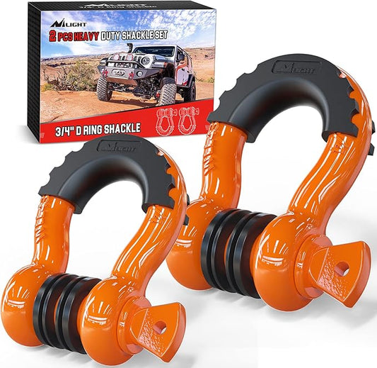 Nilight 2 Pack 3/4" D-Ring Shackle 4.75 Ton (9500 Lbs) Capacity with 7/8" Pin Heavy Duty Off Road Recovery with Isolators & Washer Kit for Jeep Truck Vehicle, Orange (90051B)