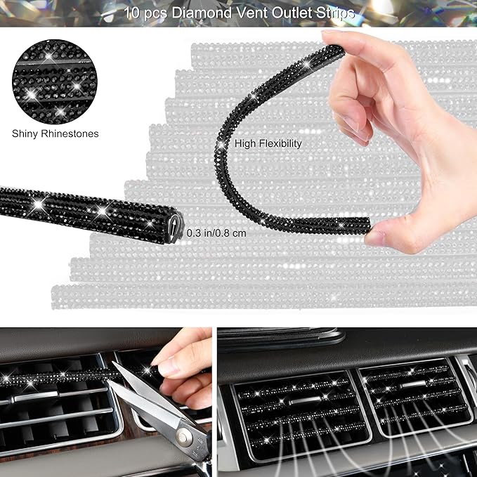 CAR PASS 34 PCS Bling Diamond Car Accessories Set for Women, Leather Car Seat Covers Steering Wheel Covers 15'', USB Charger Phone Holder Shining Rhinestone Sparkly, Cute Interior Decorations, Black