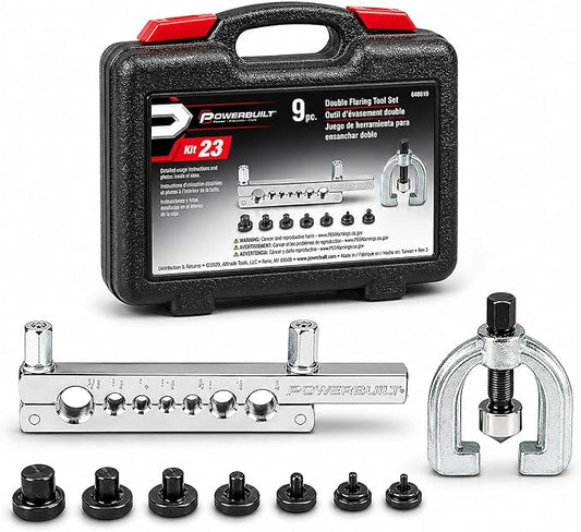 Powerbuilt 9 Piece Double Flaring Tool Set, Use on Copper, Aluminum, Soft Steel Brake Line and Brass Tubing, Storage Case - 648610