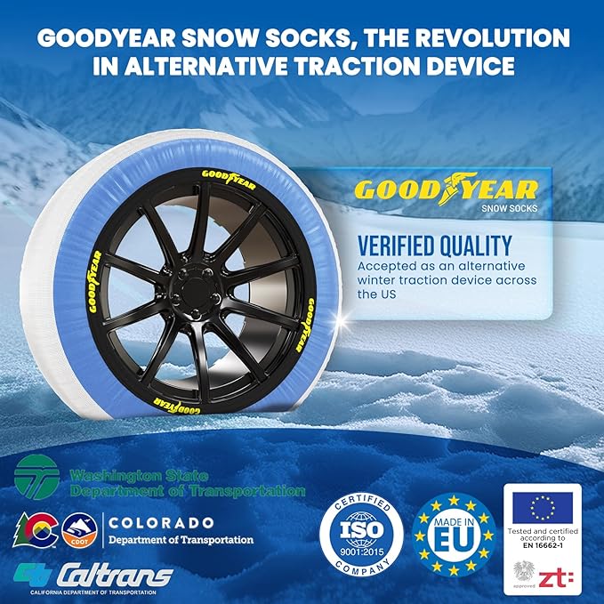 Goodyear Pro Snow Socks for Tires. Designed for All Tire Brands. Textile Chain Replacement for Optimal Traction in Snow & Ice. Easy Install. Emergency Winter Safety Solution, Multi-Season Use.