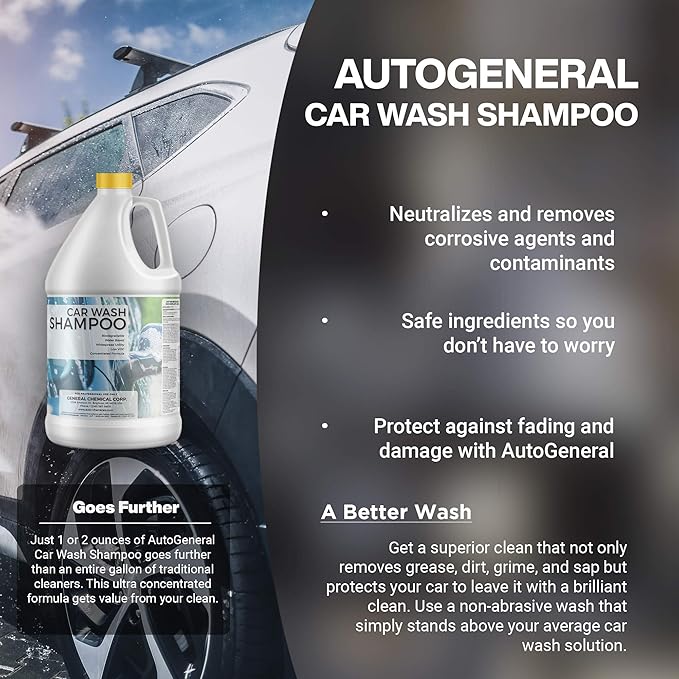 AutoGeneral Car Wash Shampoo - Concentrated Automotive Shampoo for Efficient Deep Clean & Shine of Car Exterior - Pre-Wax Wash For Auto Detailing - Foaming Soap - pH Balanced & Low VOC - 1 Gallon