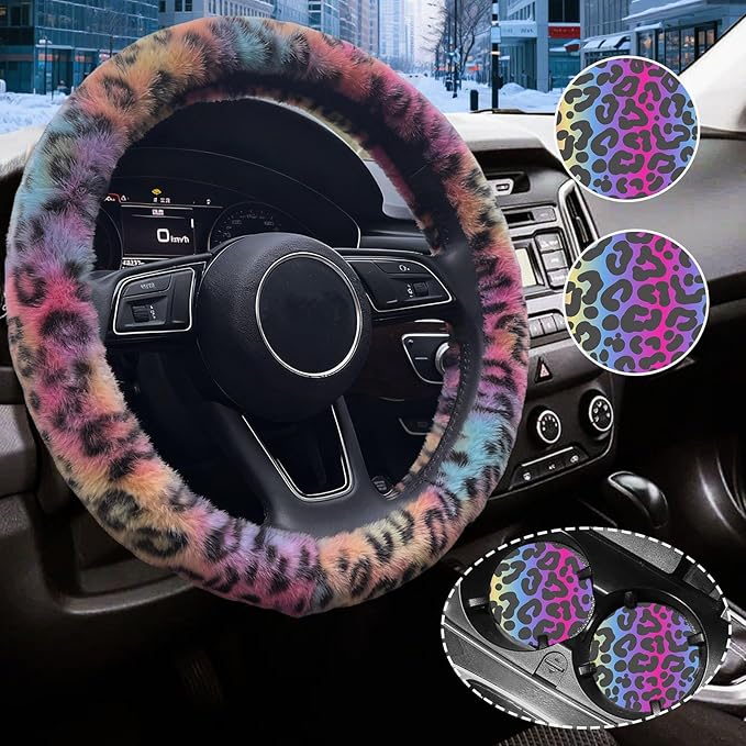 Cheetah Leopard Print Fuzzy Steering Wheel Cover for Women, Universal Auto Steering Wheel 14-15 Inch Soft Warm Car Interior Accessories with 2PCS Car Coasters, Suitable for Men and Women