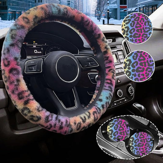 Cheetah Leopard Print Fuzzy Steering Wheel Cover for Women, Universal Auto Steering Wheel 14-15 Inch Soft Warm Car Interior Accessories with 2PCS Car Coasters, Suitable for Men and Women