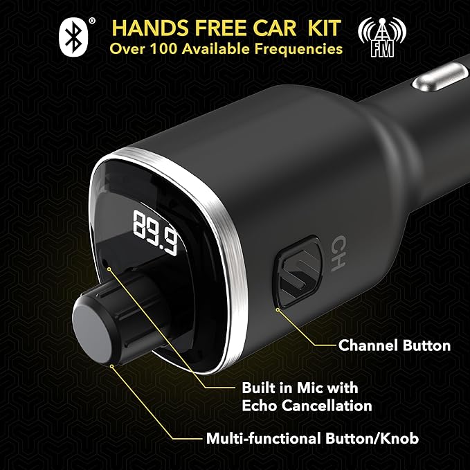 Scosche BTFM8 Bluetooth FM Transmitter Car, Dual 12W USB-C and USB-A Charging Ports, Fast Type-C Car Charger, Wireless Radio Bluetooth Adapter, Hands-Free Kit for Calls, Siri and Google Assistant