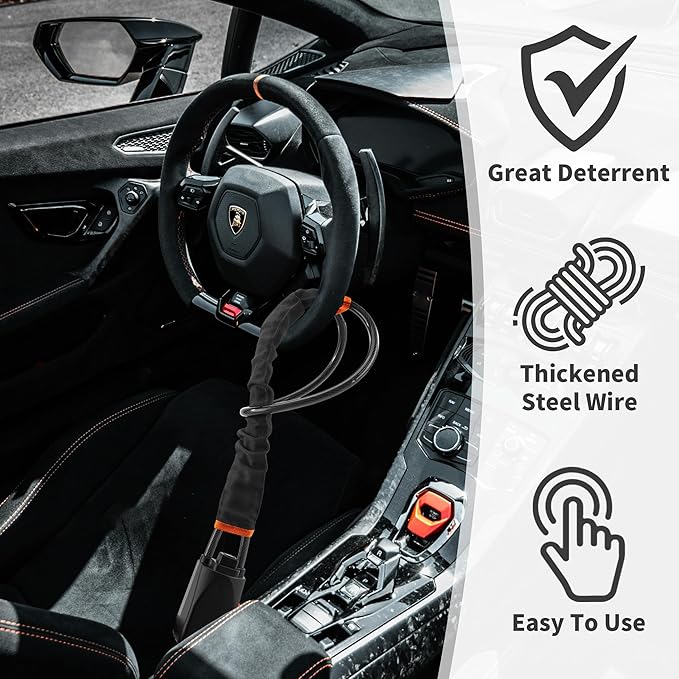 Car Steering Wheel Lock, 1 Pack Anti Theft Car Device with Max 17” Locking Length, Thickened Steel Wire, and Fine Stitched Edges, 3 Keys Included, Easy to Store, Fits Most Vehicles, SUVs（Black）