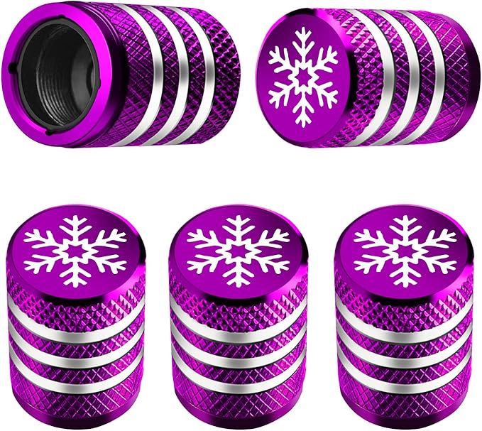 Tire Valve Stem Cap Cover - (5 Pack) Tire Air Caps Metal with Plastic Liner Corrosion Resistant Leak-Proof Snow Snowflake for Car Motorcycle Bike Purple