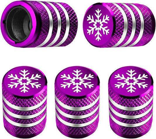 Tire Valve Stem Cap Cover - (5 Pack) Tire Air Caps Metal with Plastic Liner Corrosion Resistant Leak-Proof Snow Snowflake for Car Motorcycle Bike Purple