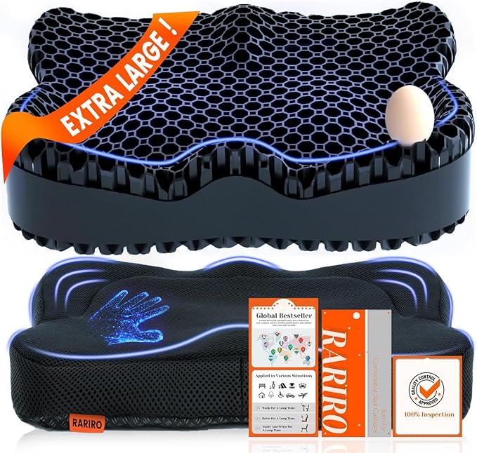 Gel Seat Cushion for Long Sitting(Enlarged & Thickened), Cooling Pressure Relief Seat Cushion for Wheelchair, Driving, Kayak, Office Desk Chair Seat Pad Gel for Heavy People[Black-19.7" Large]