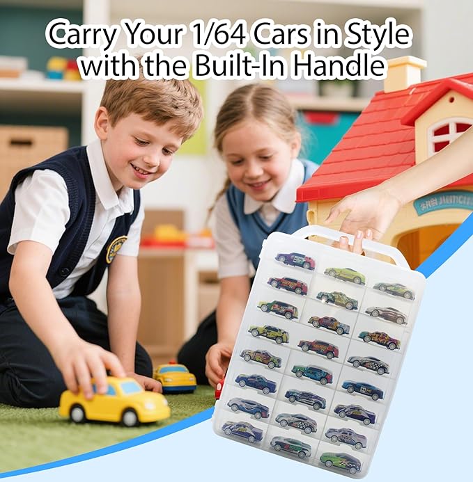 Adevar Double Sided 1/64 Scale Toy Car Storage Case Compatible with Matchbox Car Hot Wheels Storage Case,46 Slot Transparent Organizer for 48 Toy Cars,Case Only