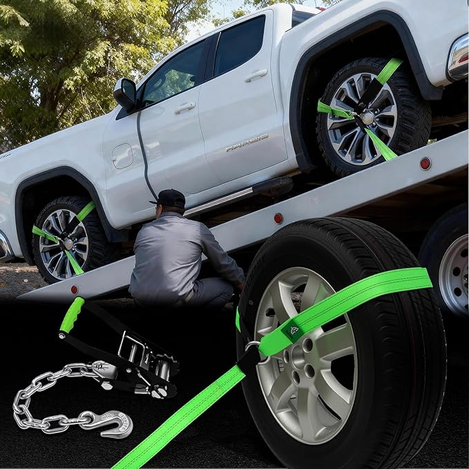 4 Pack Car Tie Down Straps for Trailers - 2" x 8' Heavy Duty Tire Straps with Chain Anchors - 10,000lbs Break Strength, Adjustable Lasso Style Wheel Straps for Hauling Cars, Truck, UTV(Green)