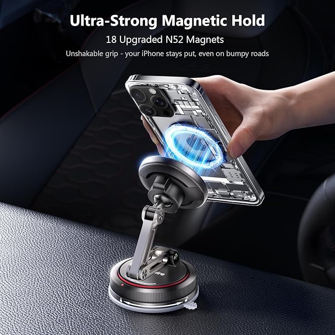 SYNCWIRE for MagSafe Car Mount [3-Axis] Nano Adhesive Gel + Strong Suction Cup Magnetic Phone Holder for Dashboard & Windshield, 360° Adjustable for iPhone 17 16 15 14 13 12, Samsung, Matte Black