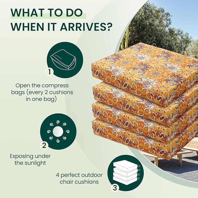 HARBOREST Outdoor Chair Cushions Set of 4, Water Resistant Patio Chair Cushions with Ties, Square Corner Outdoor Seat Cushions for Patio Furniture, 18.5"x16"x3", Blooming