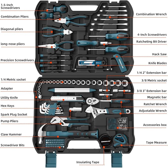Home Tool Kit 199 Piece Basic Household Auto Repair Tool Set Car Toolbox General Hand Tool Kit for Home Men Women DIY with Plastic Toolbox (Blue and black)